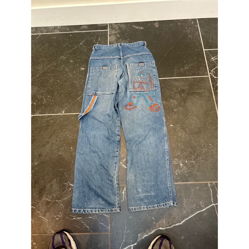 JNCO Jeans style  Vintage 90s Wide Leg Baggy Denim Blue Embroidered Mens 28x30